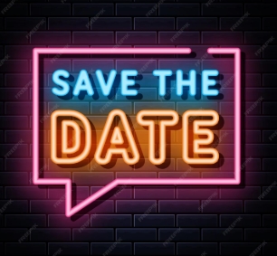 Neon sign with the text 'Save the Date' displayed on a brick wall background.