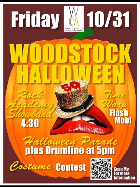 Poster for Woodstock Halloween event featuring a pumpkin background, text detailing the schedule, including Rock Academy Showband at 4:30 PM and Halloween Parade at 5 PM, with graphics of a hat and lips.